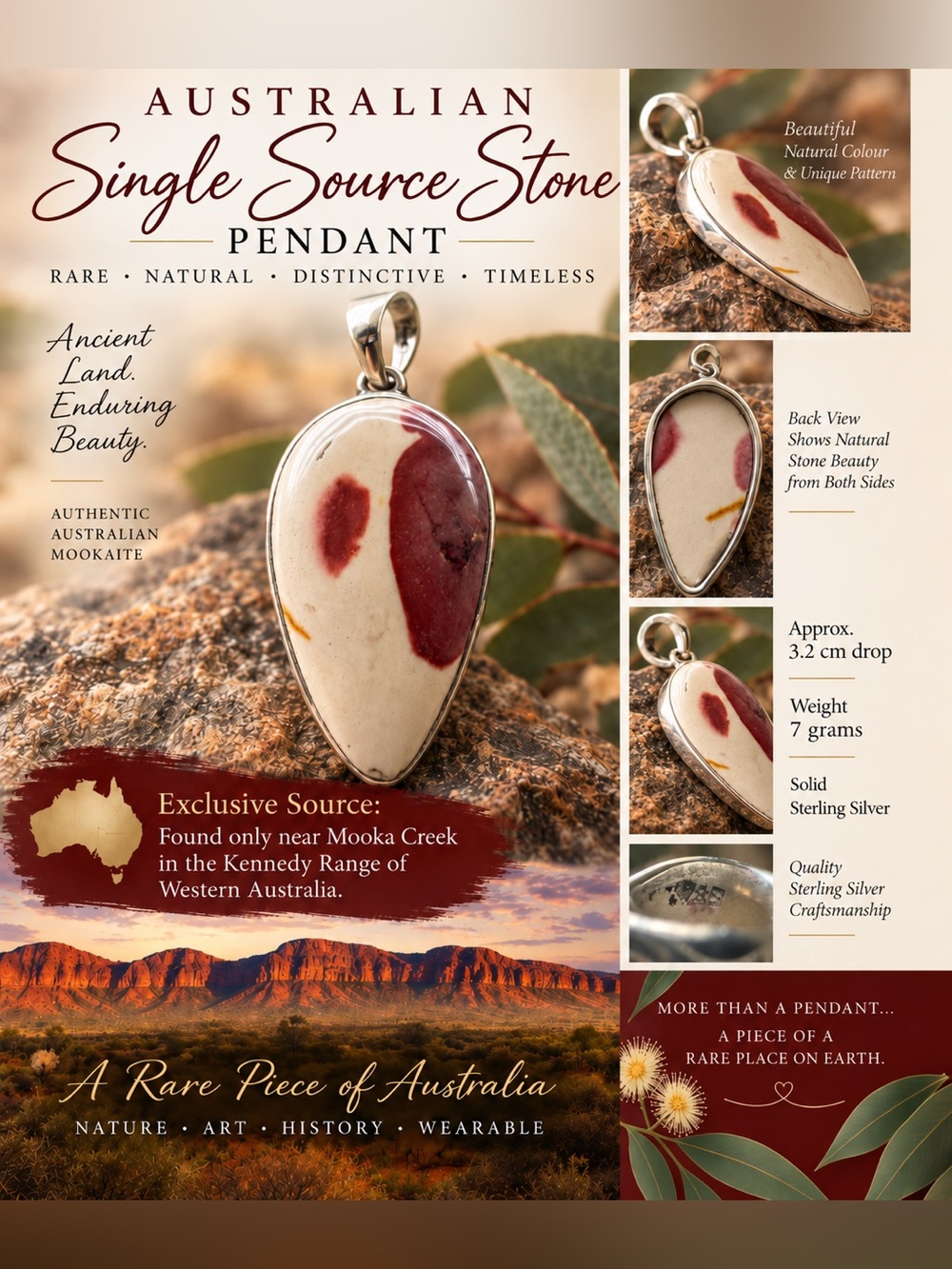 Australian Mookaite Pendant Sterling Silver | Rare Single-Source Stone | 7g